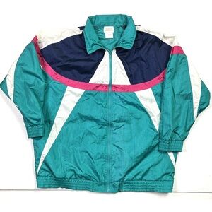 Roamans Jacket Large Aqua Neon Windbreaker Zip Up Unisex Vintage 80’s Retro